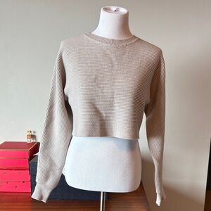 House of Harlow 1960 Cropped Rib-Knit Crew Sweater in Taupe